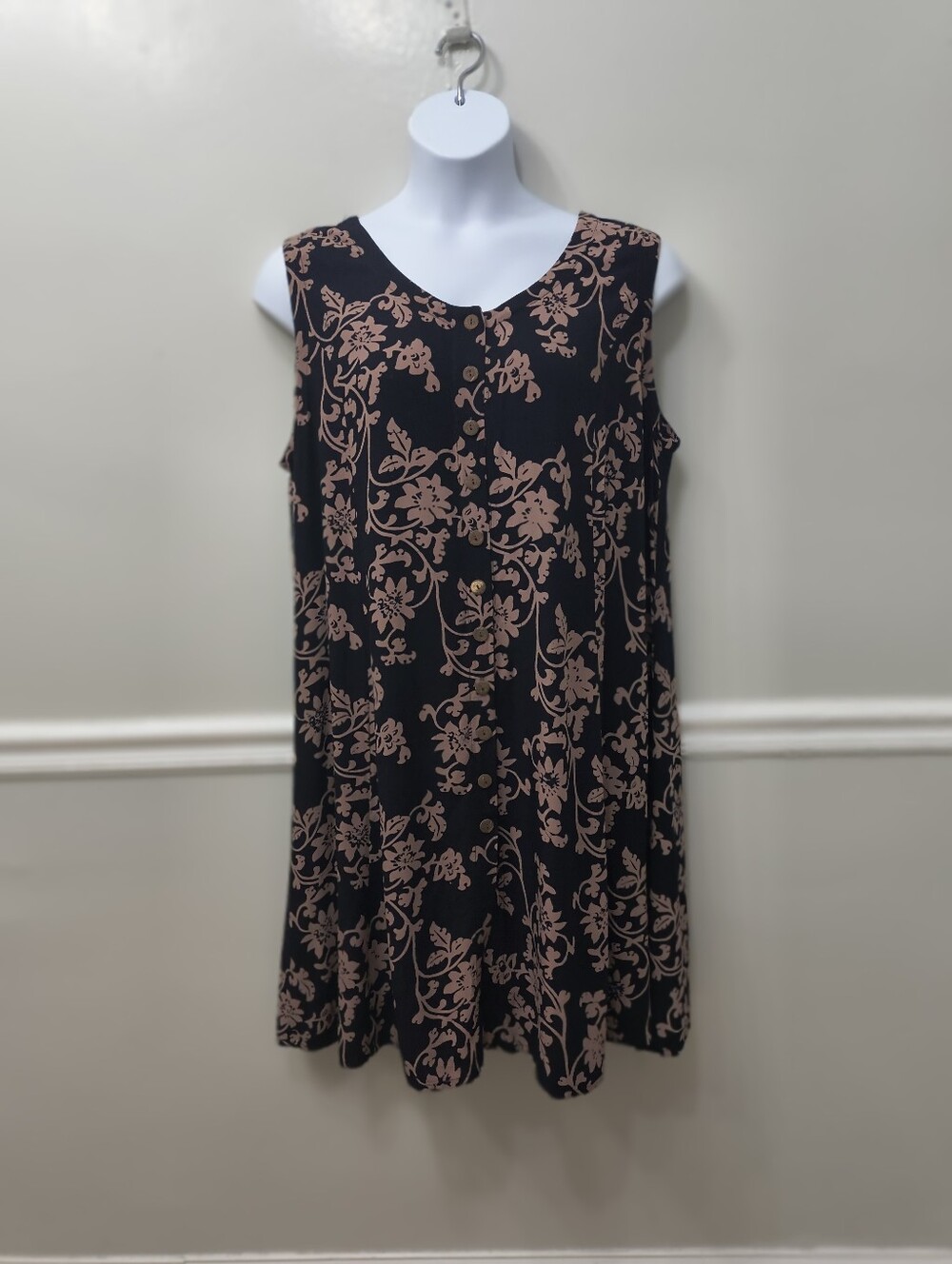 Hibiscus Collection Hawaii Tropical Floral Black Tan Dress XL Beachy Summer